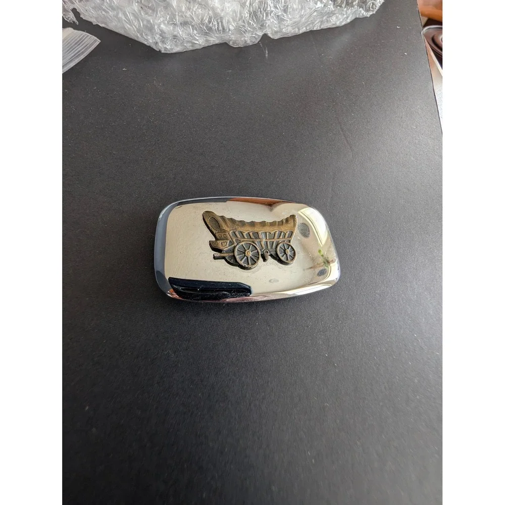 Vintage Covered Wagon Belt Buckle Made in USA Chrome Brass Tone Western Pioneer